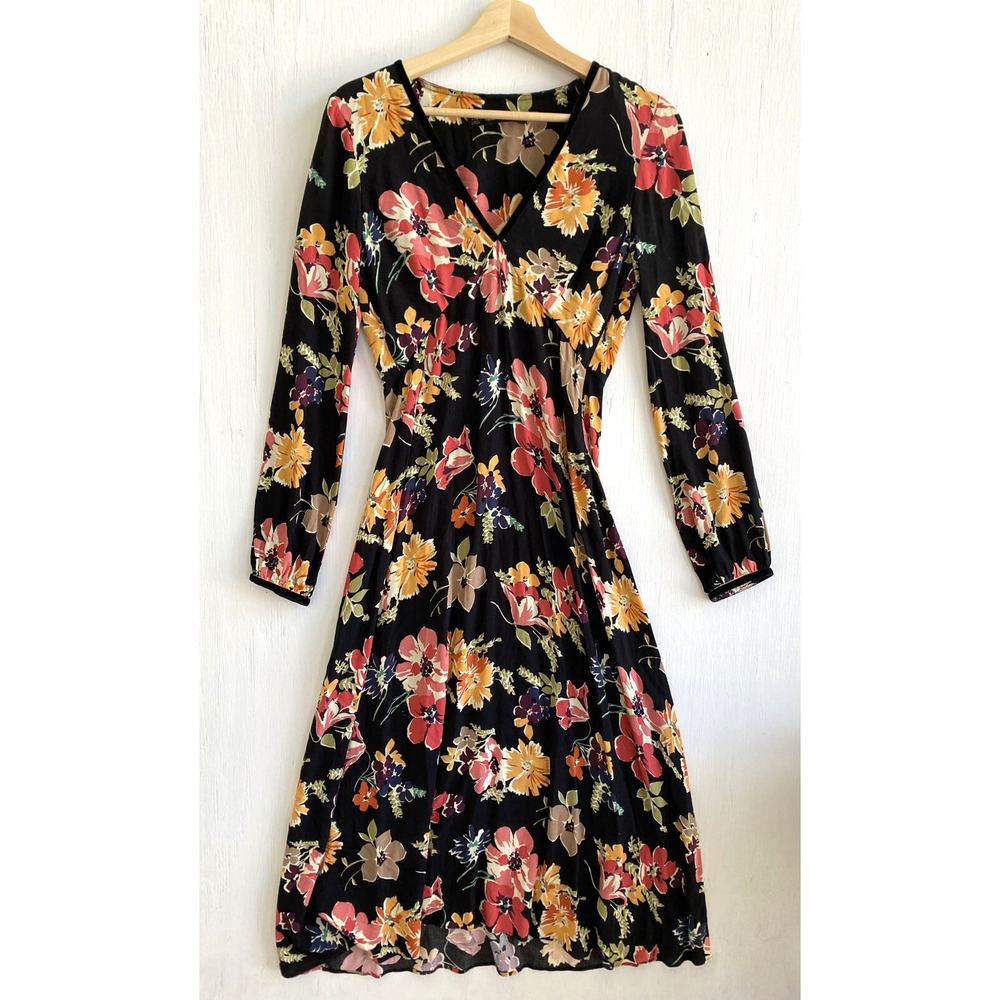 ZARA Black Floral V Neck Maxi Dress Fit Flare Long Sleeves Size XS